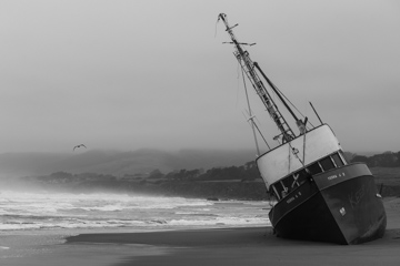 Drunken Seas, a beached boat in California